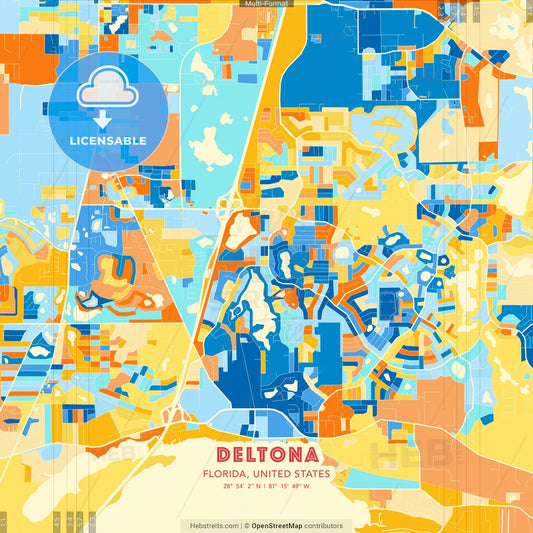 Deltona, Florida, United States blue and orange vector art map template