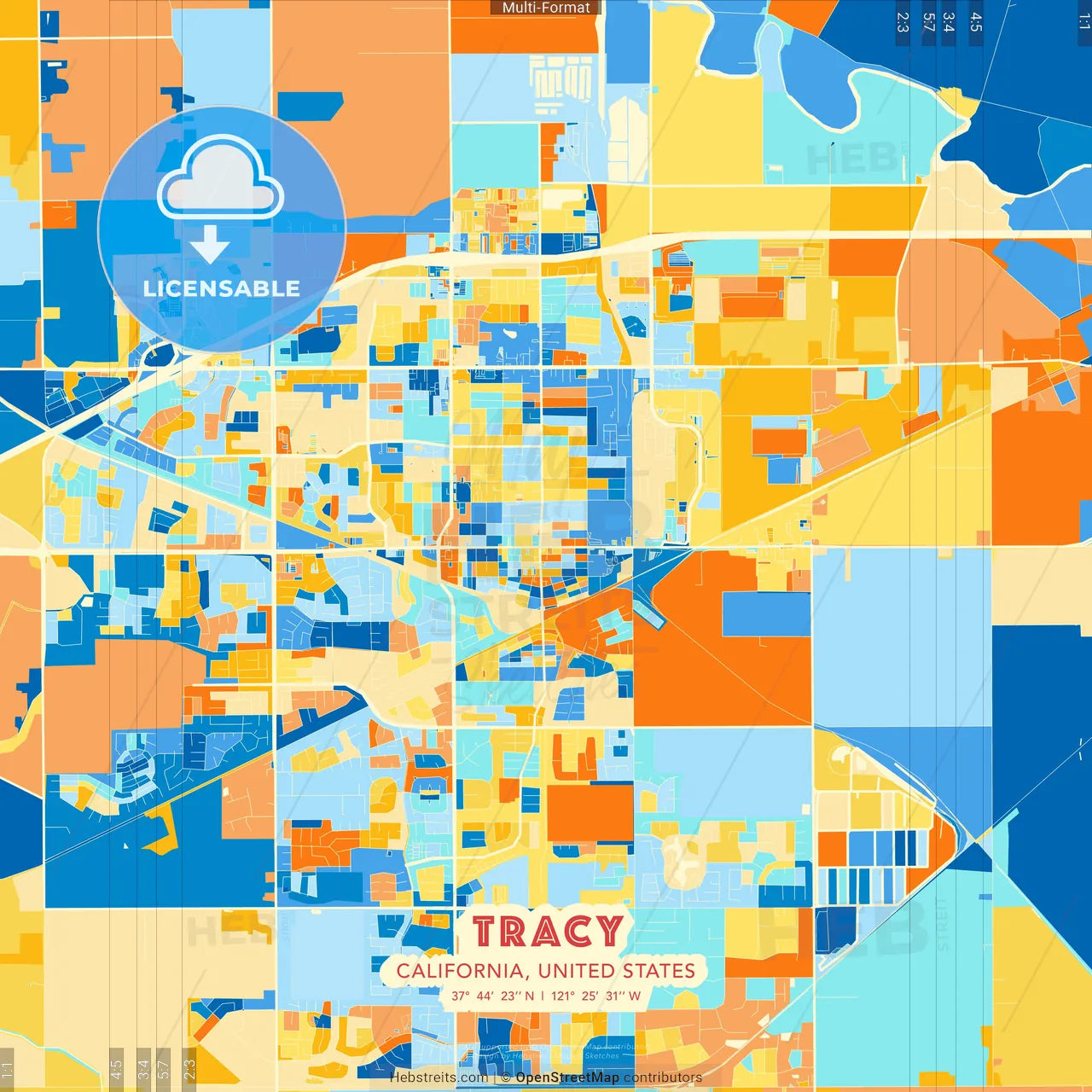 Tracy, California, United States blue and orange vector art map template