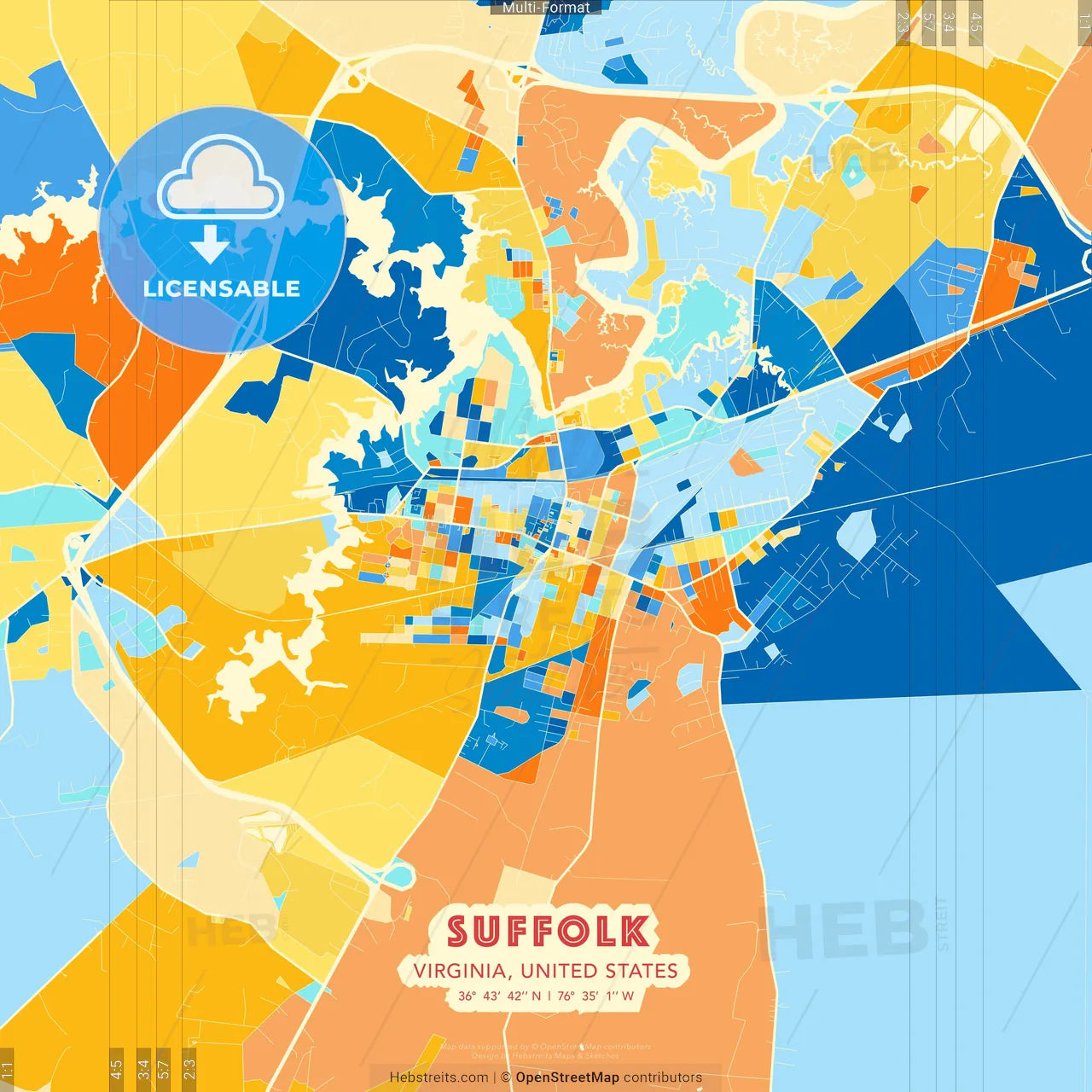 Suffolk, Virginia, United States blue and orange vector art map template