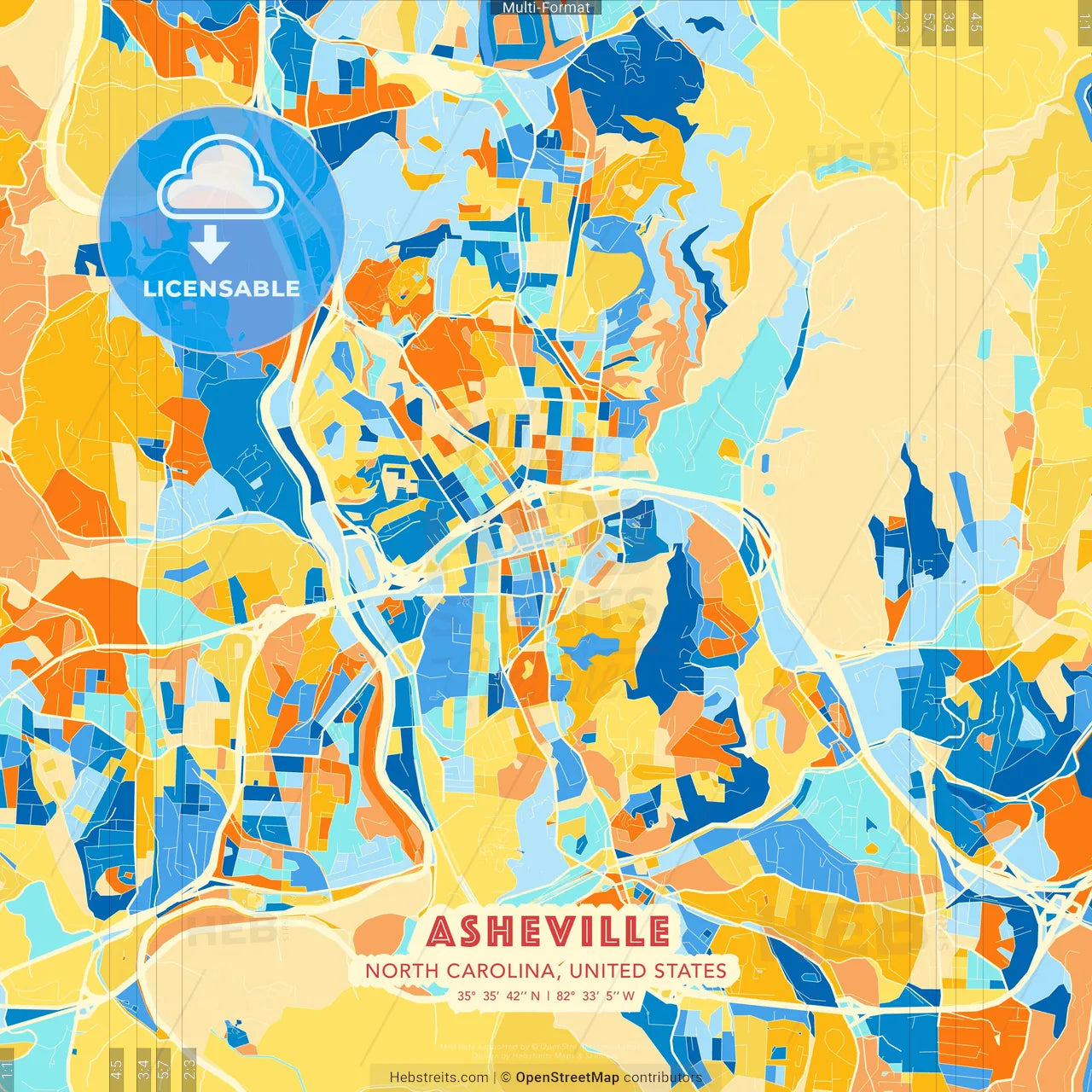 Asheville, North Carolina, United States blue and orange vector art map template