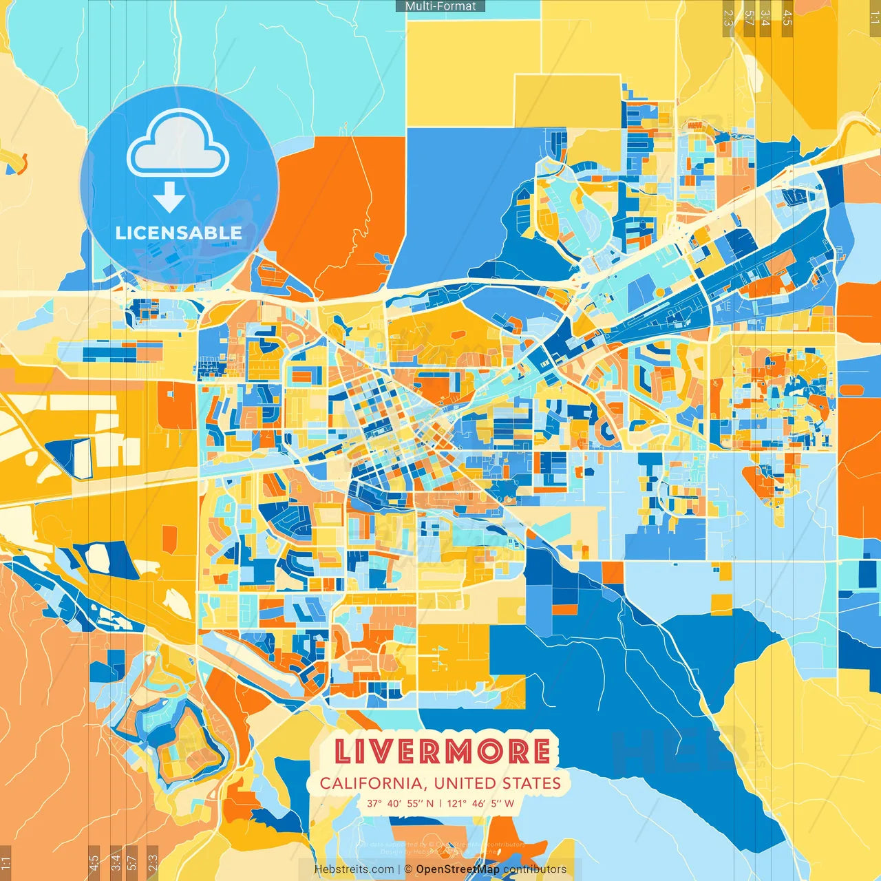 Livermore, California, United States blue and orange vector art map template