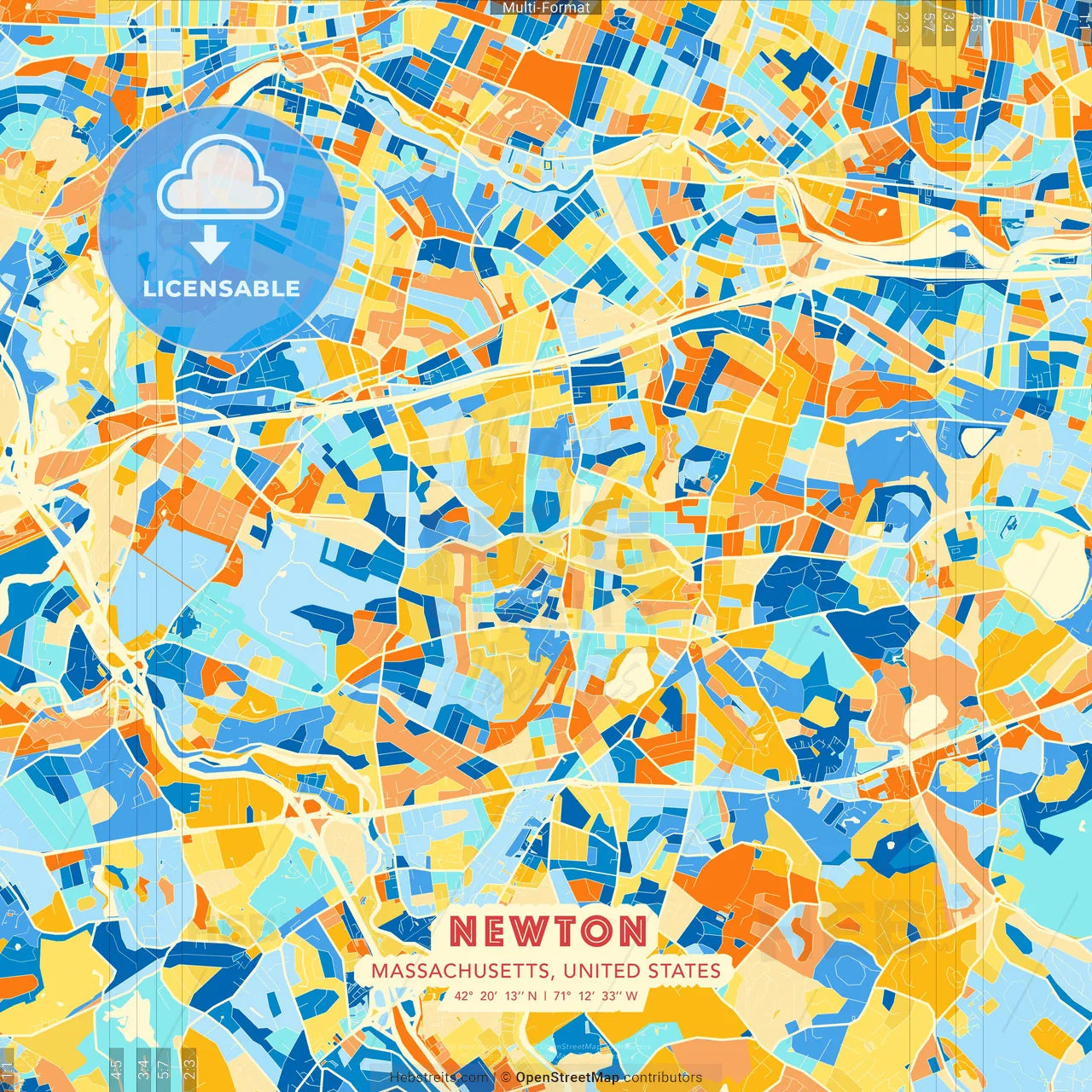 Newton, Massachusetts, United States blue and orange vector art map template