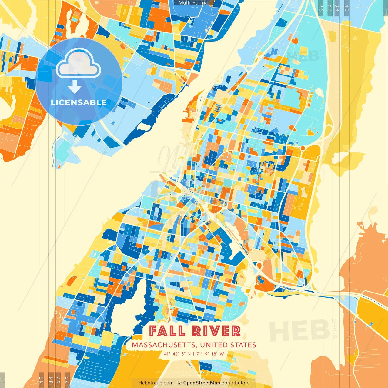 Fall River, Massachusetts, United States blue and orange vector art map template