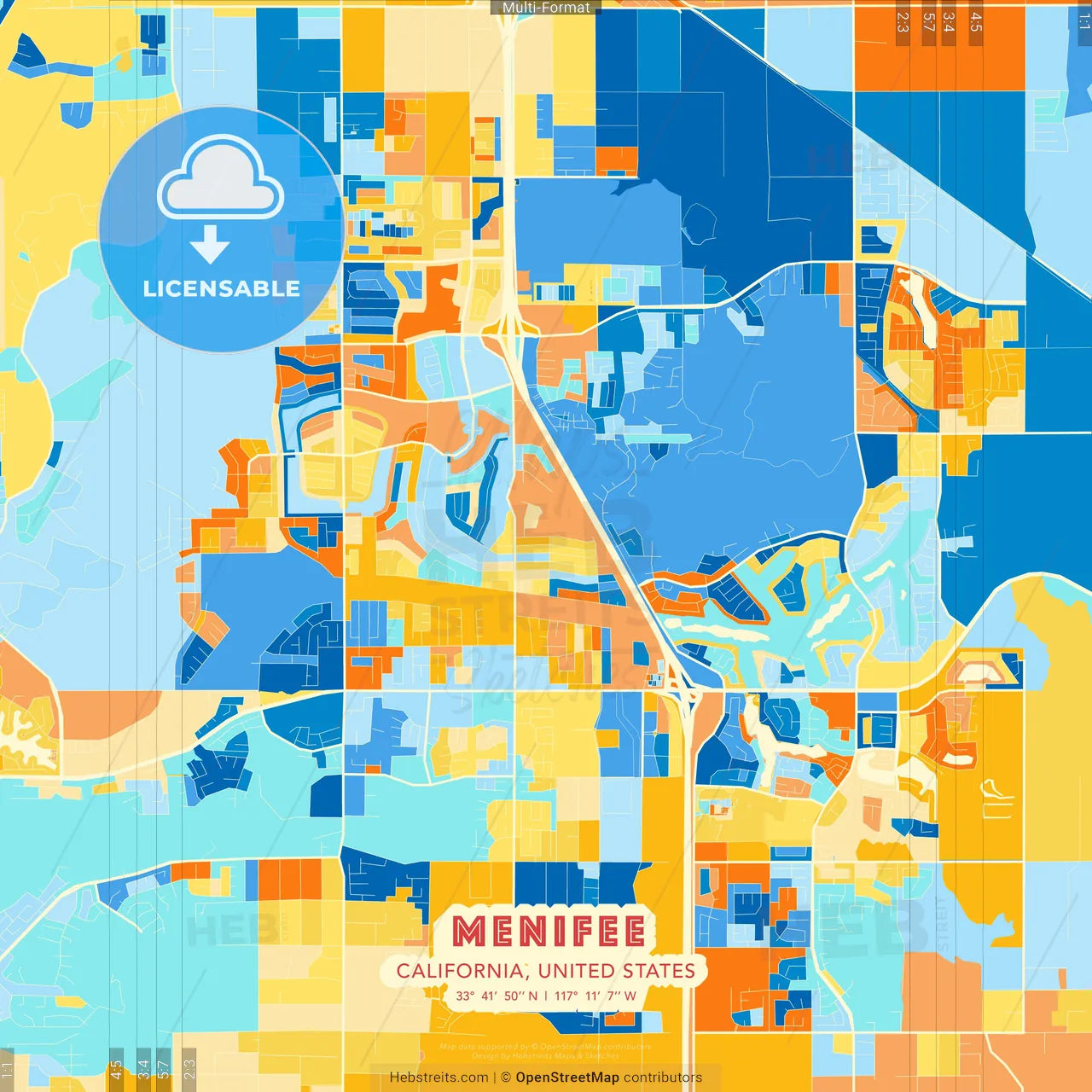 Menifee, California, United States blue and orange vector art map template
