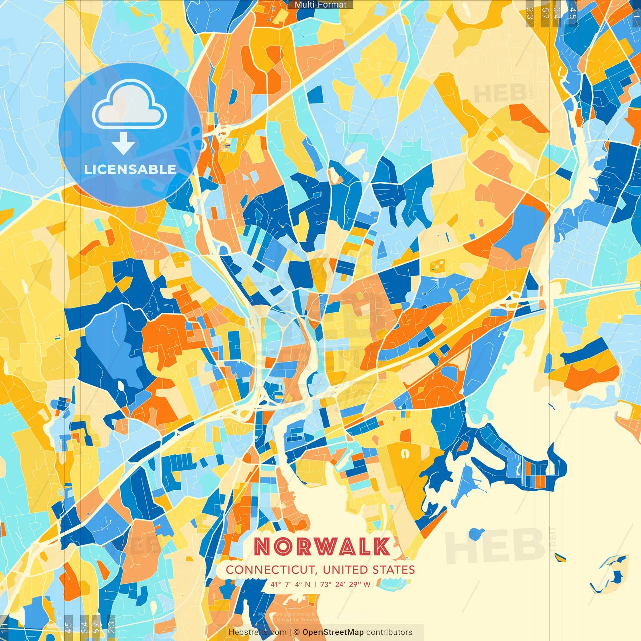 Norwalk, Connecticut, United States blue and orange vector art map template