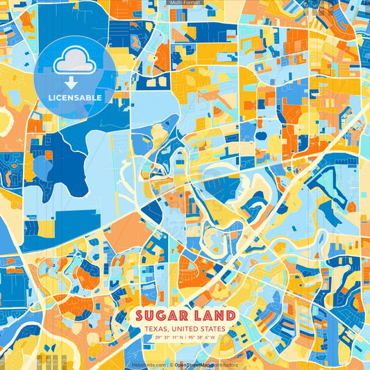Sugar Land, Texas, United States blue and orange vector art map template