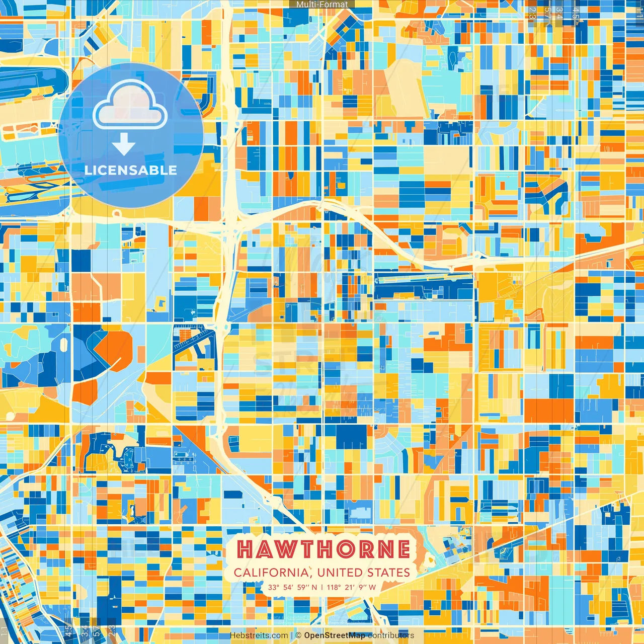 Hawthorne, California, United States blue and orange vector art map template