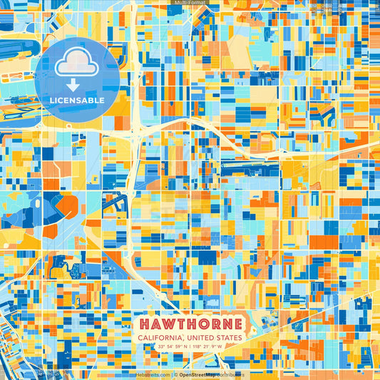 Hawthorne, California, United States blue and orange vector art map template