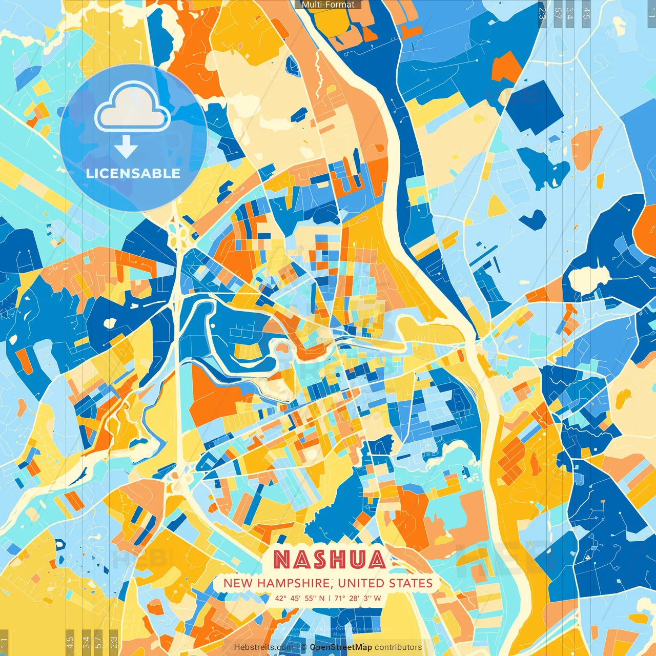 Nashua, New Hampshire, United States blue and orange vector art map template