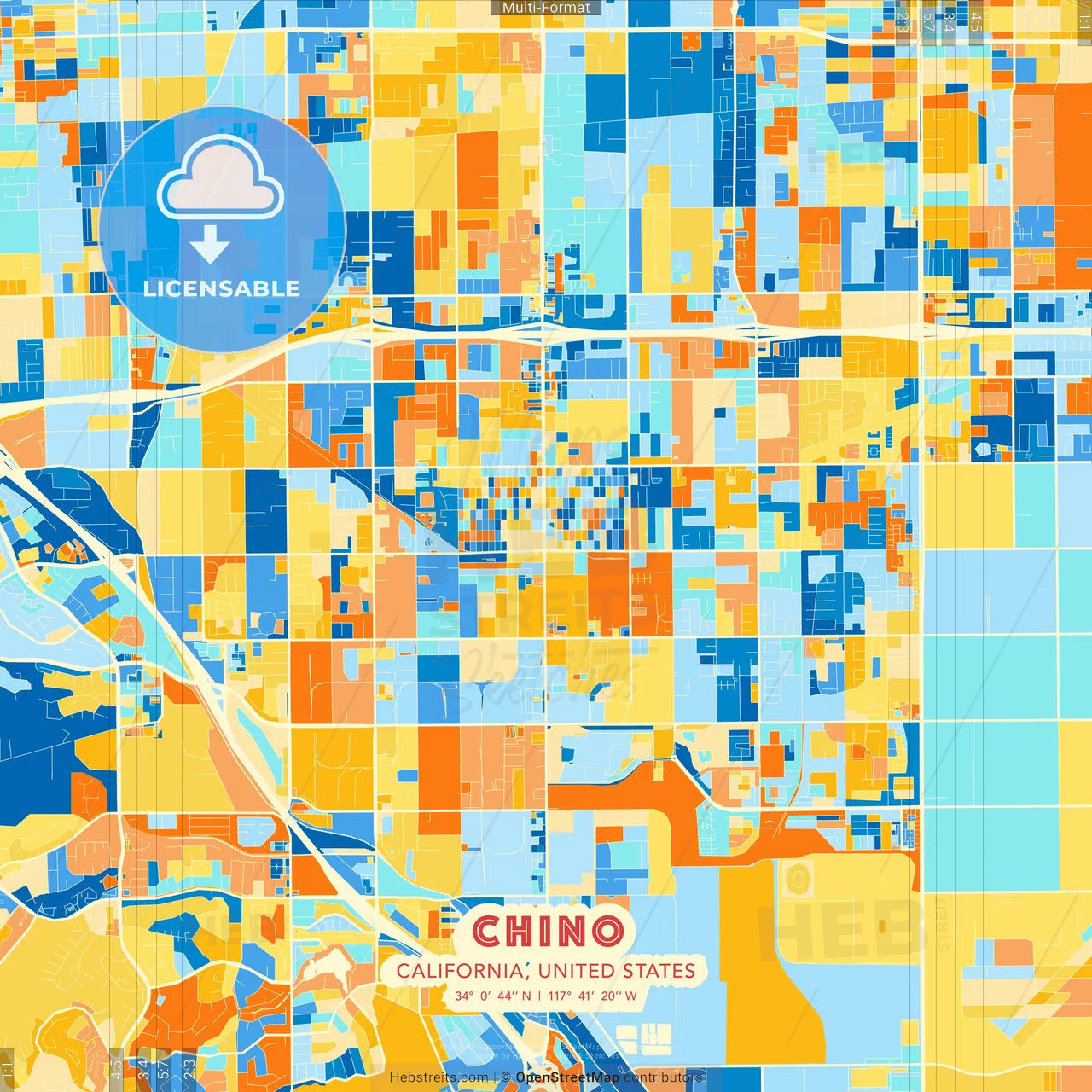 Chino, California, United States blue and orange vector art map template