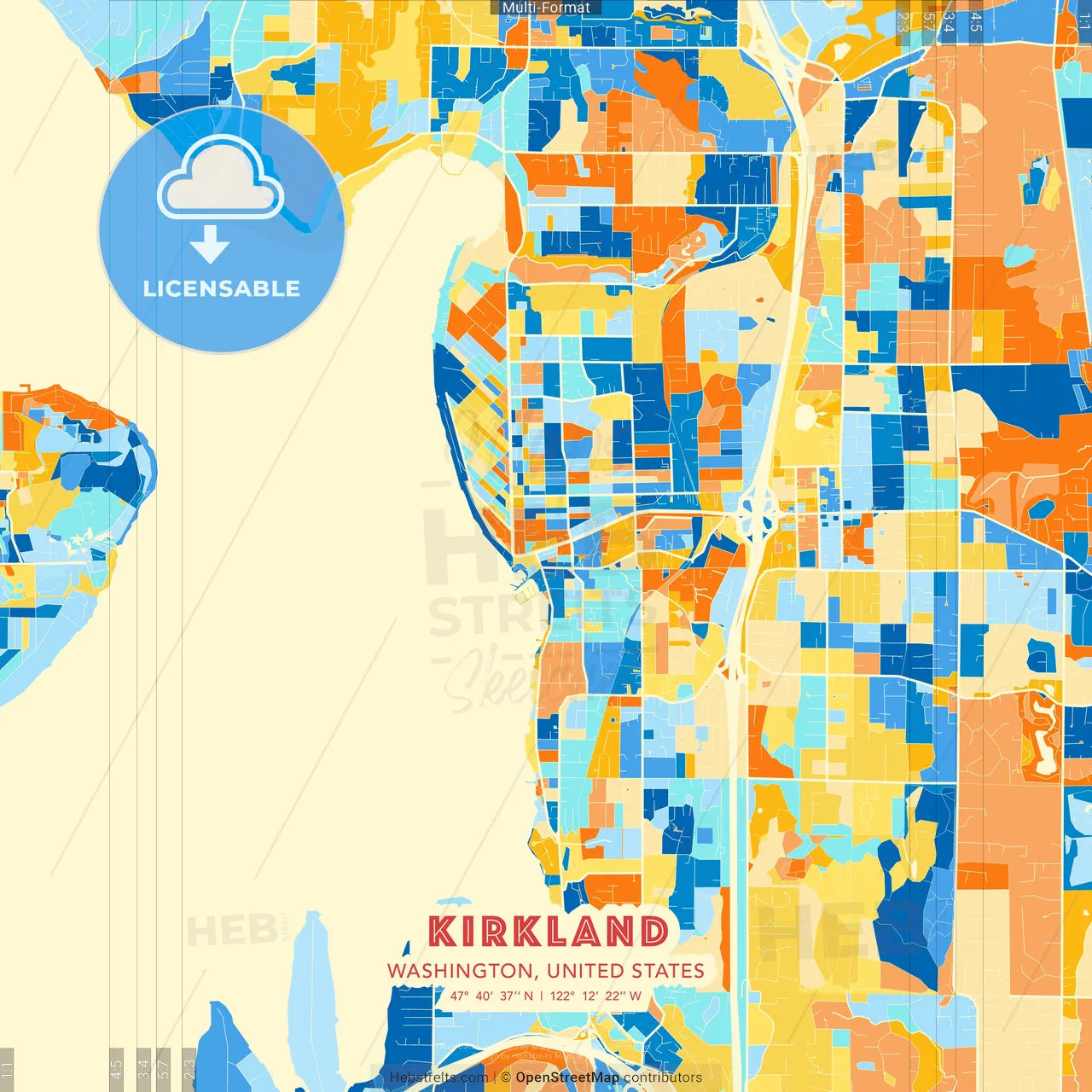 Kirkland, Washington, United States blue and orange vector art map template