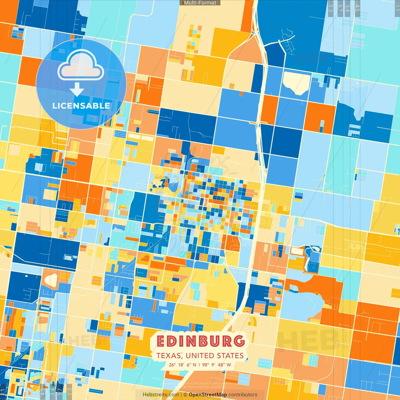 Edinburg, Texas, United States blue and orange vector art map template