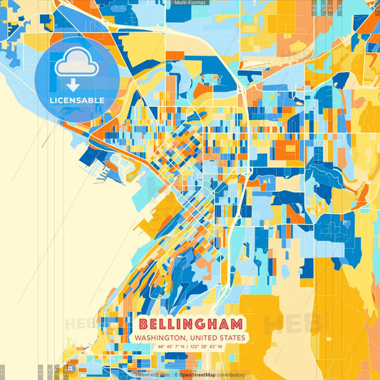 Bellingham, Washington, United States blue and orange vector art map template