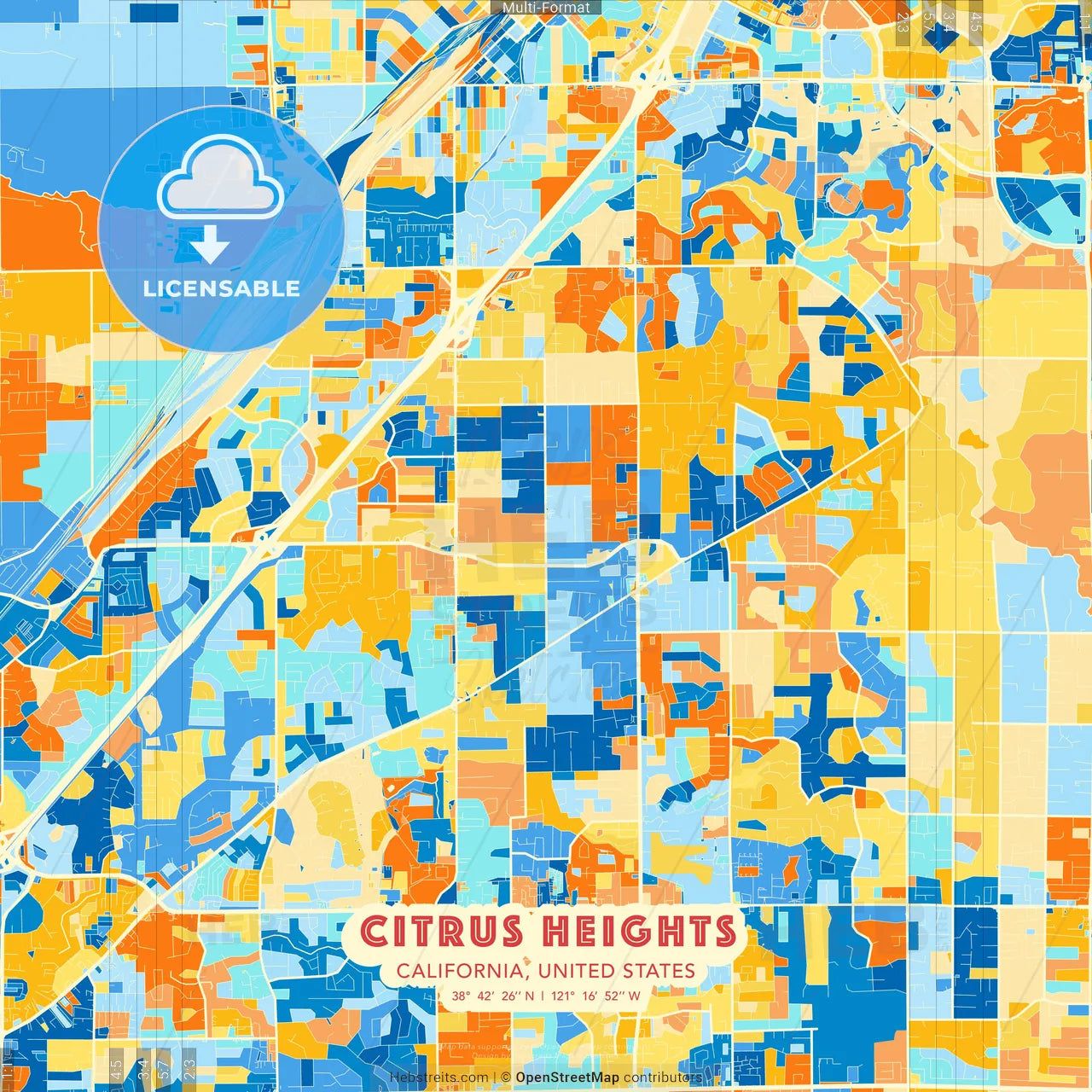 Citrus Heights, California, United States blue and orange vector art map template