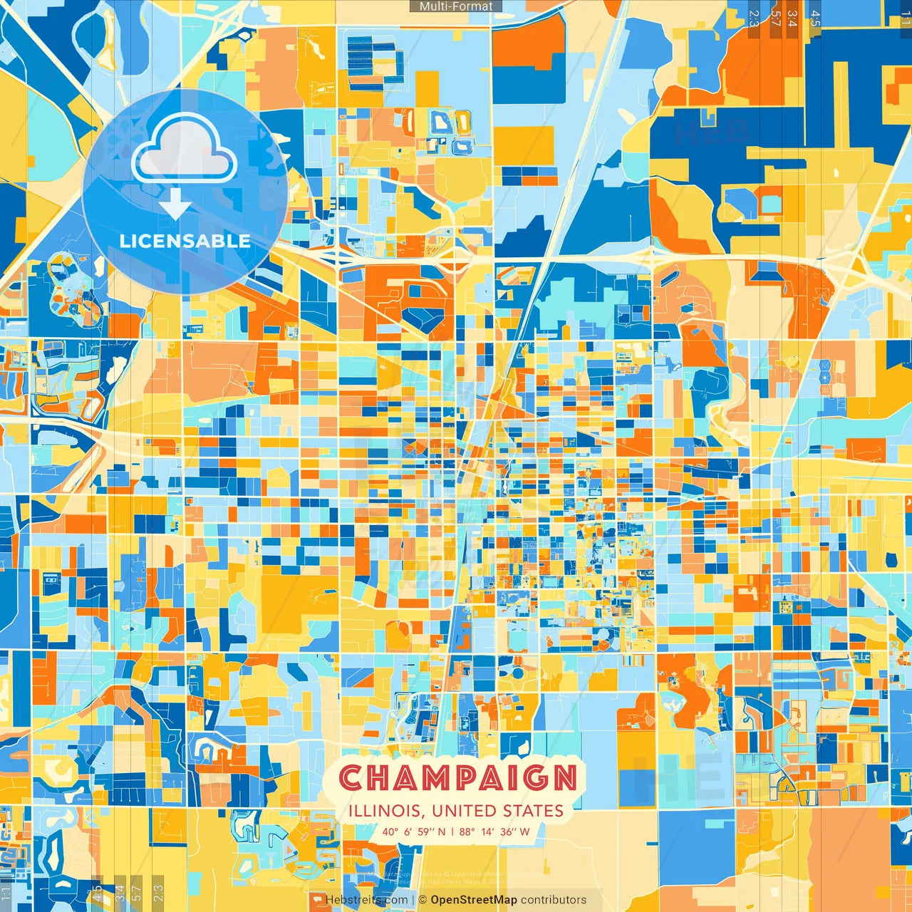 Champaign, Illinois, United States blue and orange vector art map template
