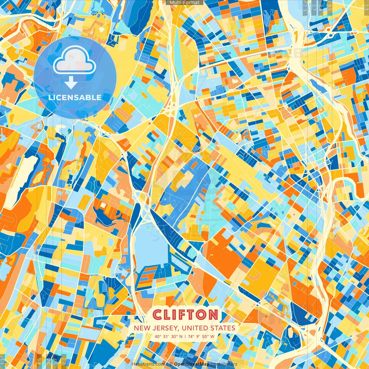 Clifton, New Jersey, United States blue and orange vector art map template