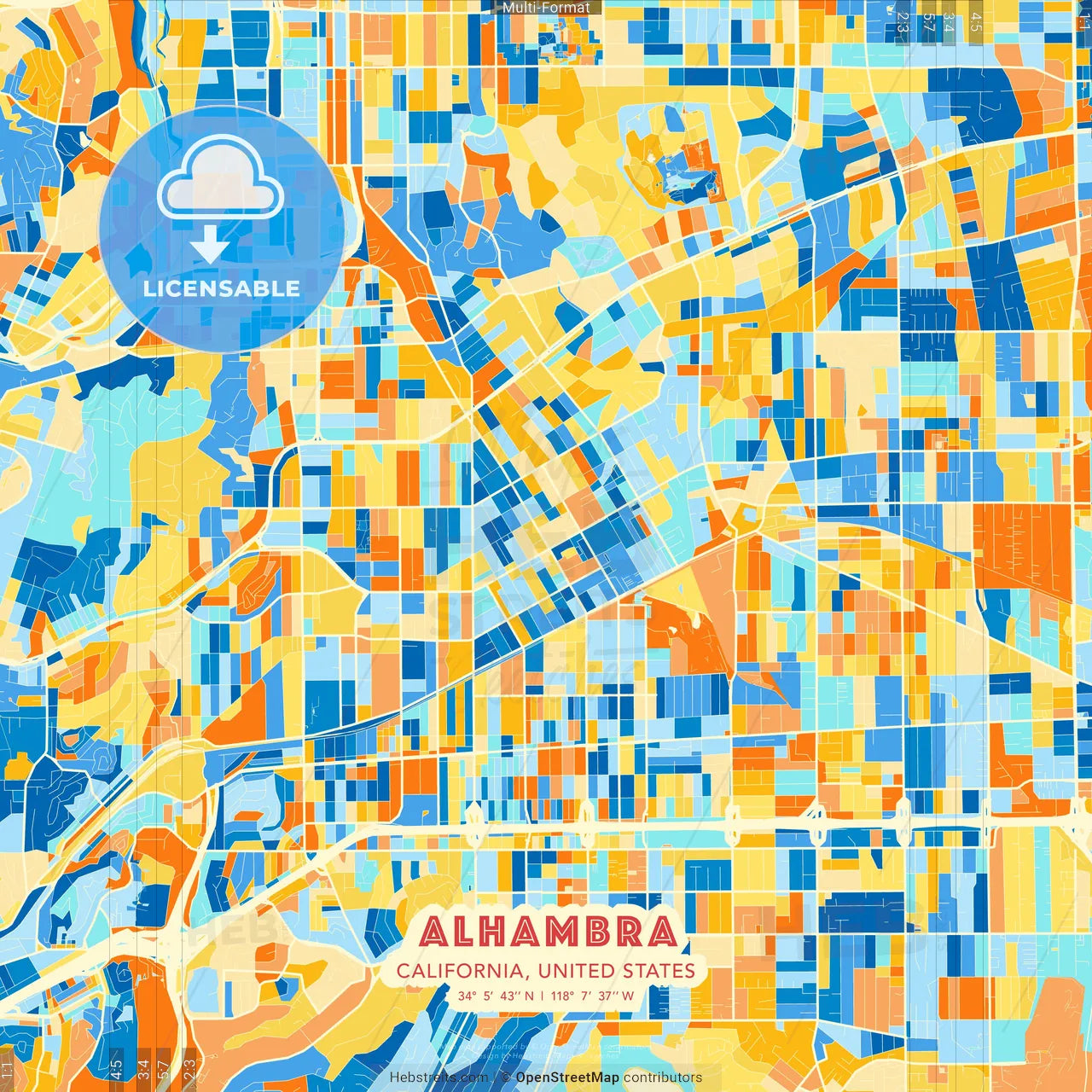 Alhambra, California, United States blue and orange vector art map template