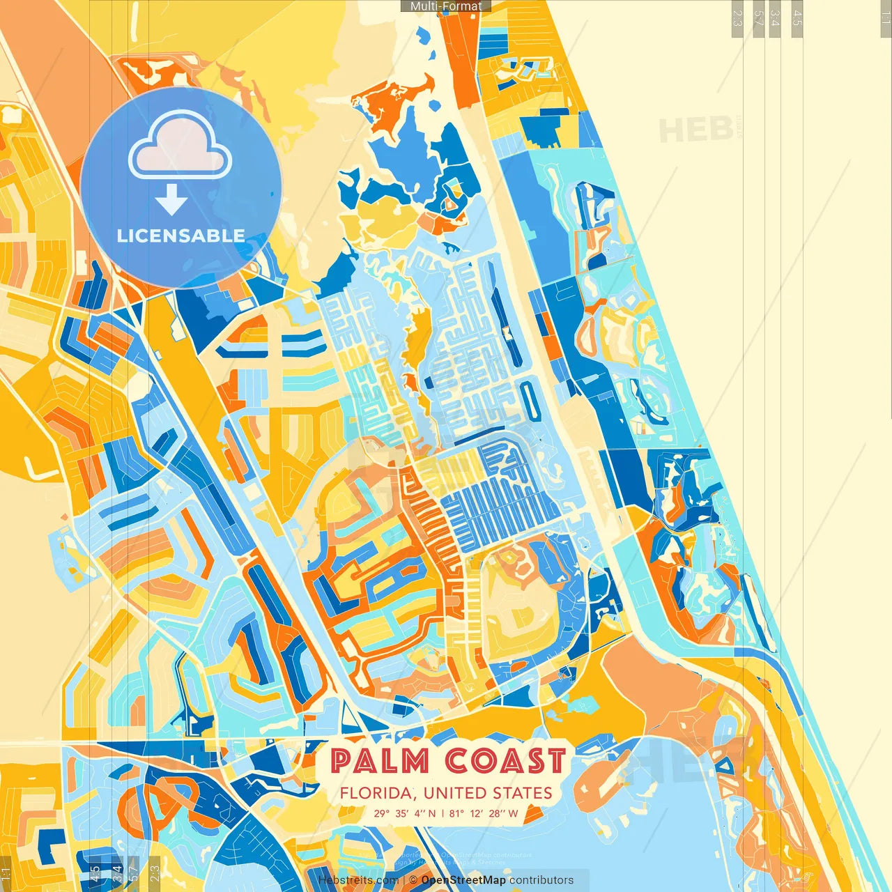 Palm Coast, Florida, United States blue and orange vector art map template