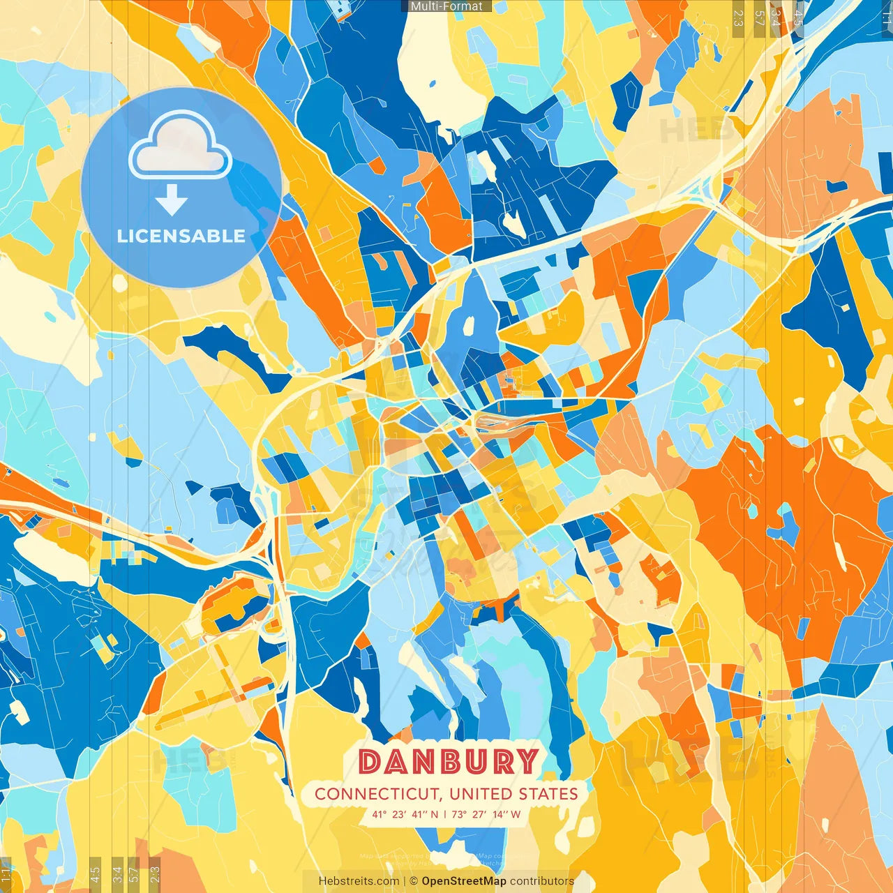 Danbury, Connecticut, United States blue and orange vector art map template