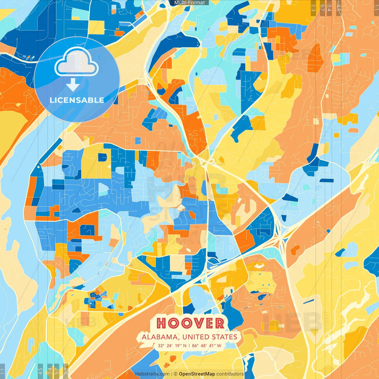 Hoover, Alabama, United States blue and orange vector art map template