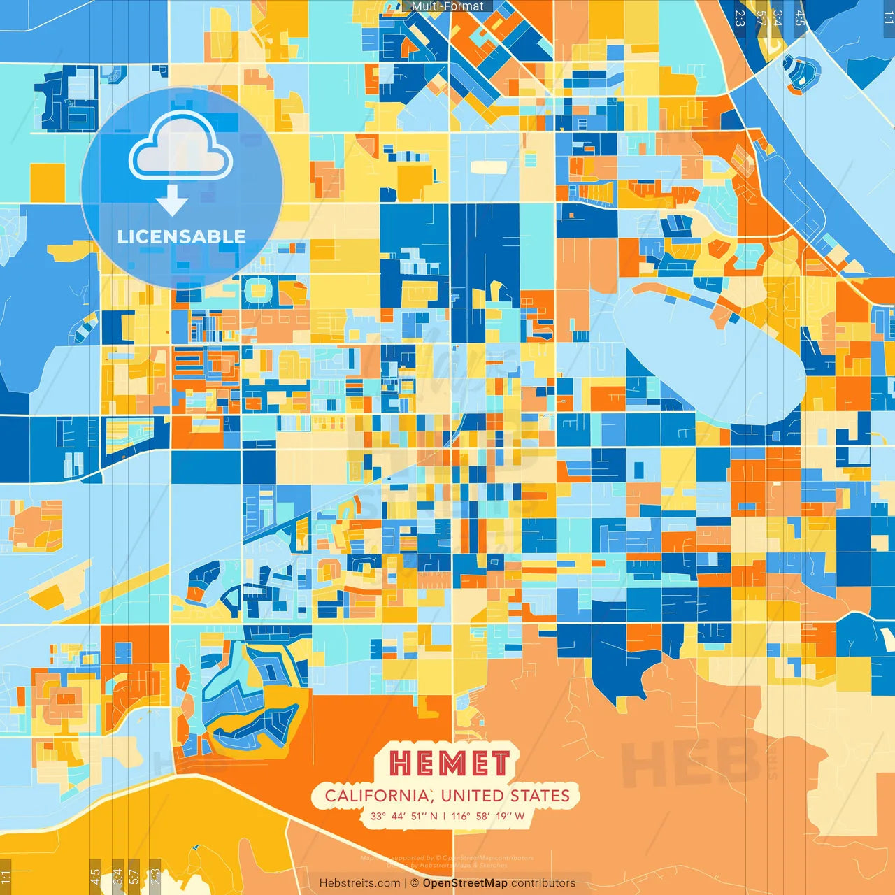 Hemet, California, United States blue and orange vector art map template