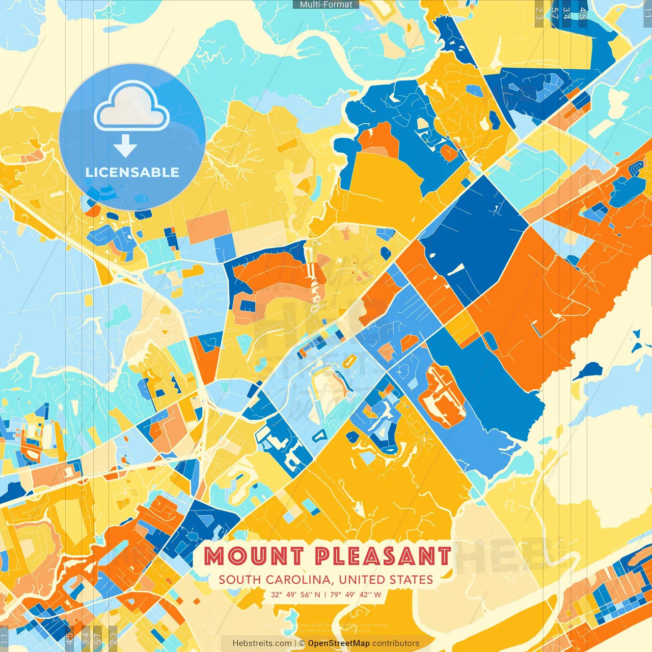 Mount Pleasant, South Carolina, United States blue and orange vector art map template