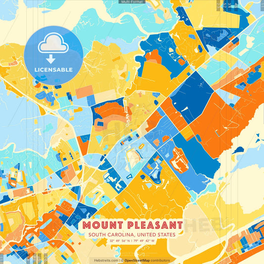 Mount Pleasant, South Carolina, United States blue and orange vector art map template