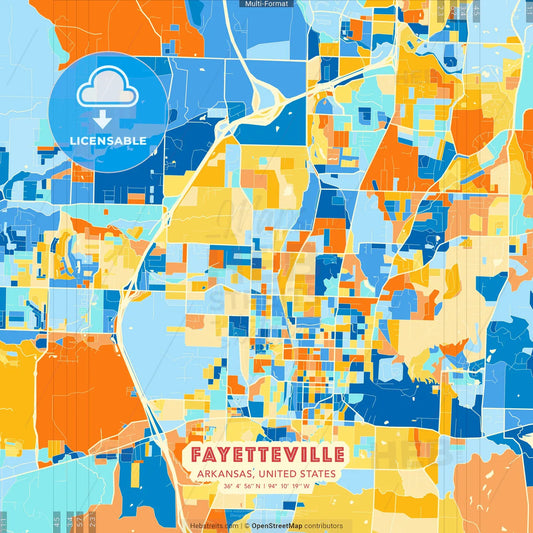 Fayetteville, Arkansas, United States blue and orange vector art map template