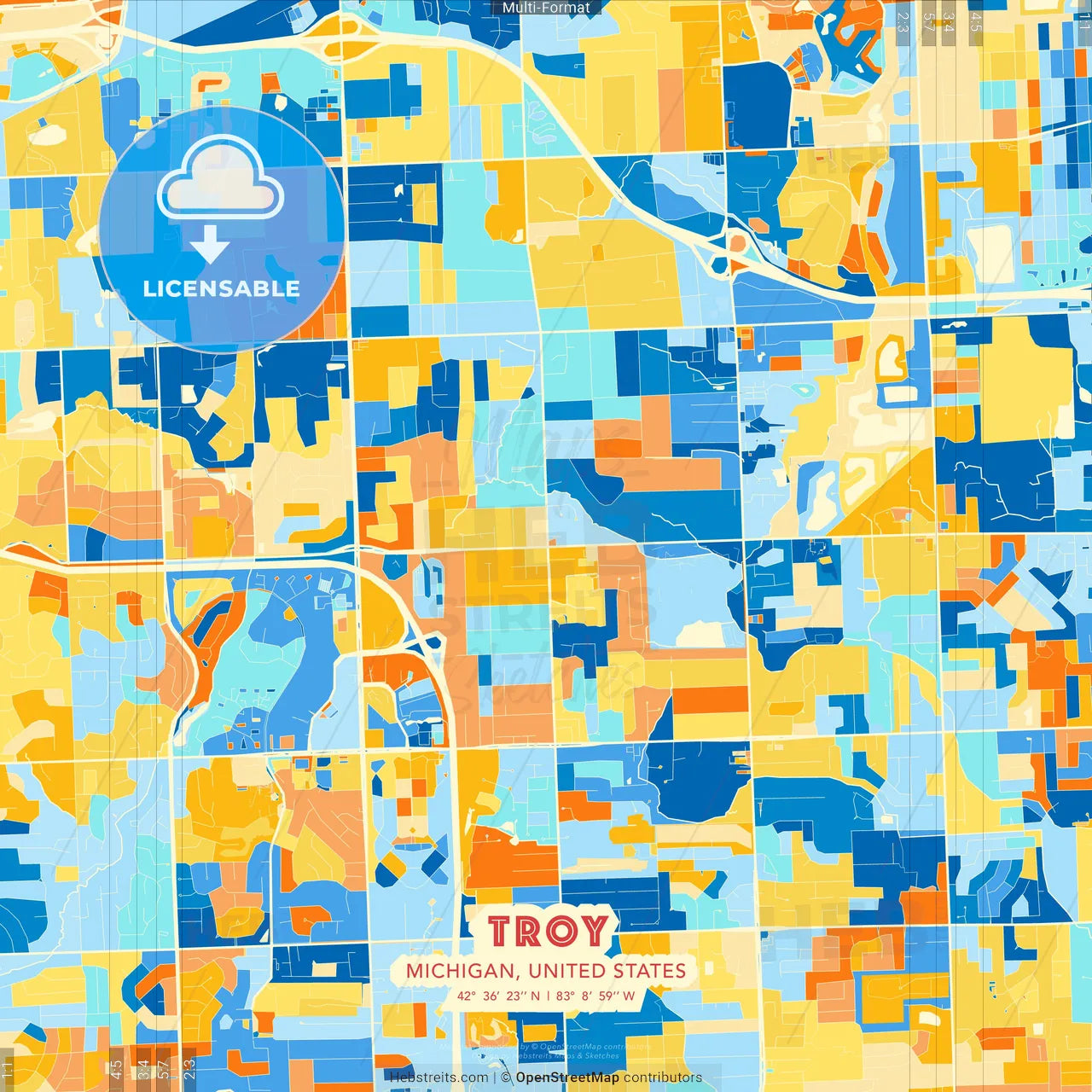 Troy, Michigan, United States blue and orange vector art map template