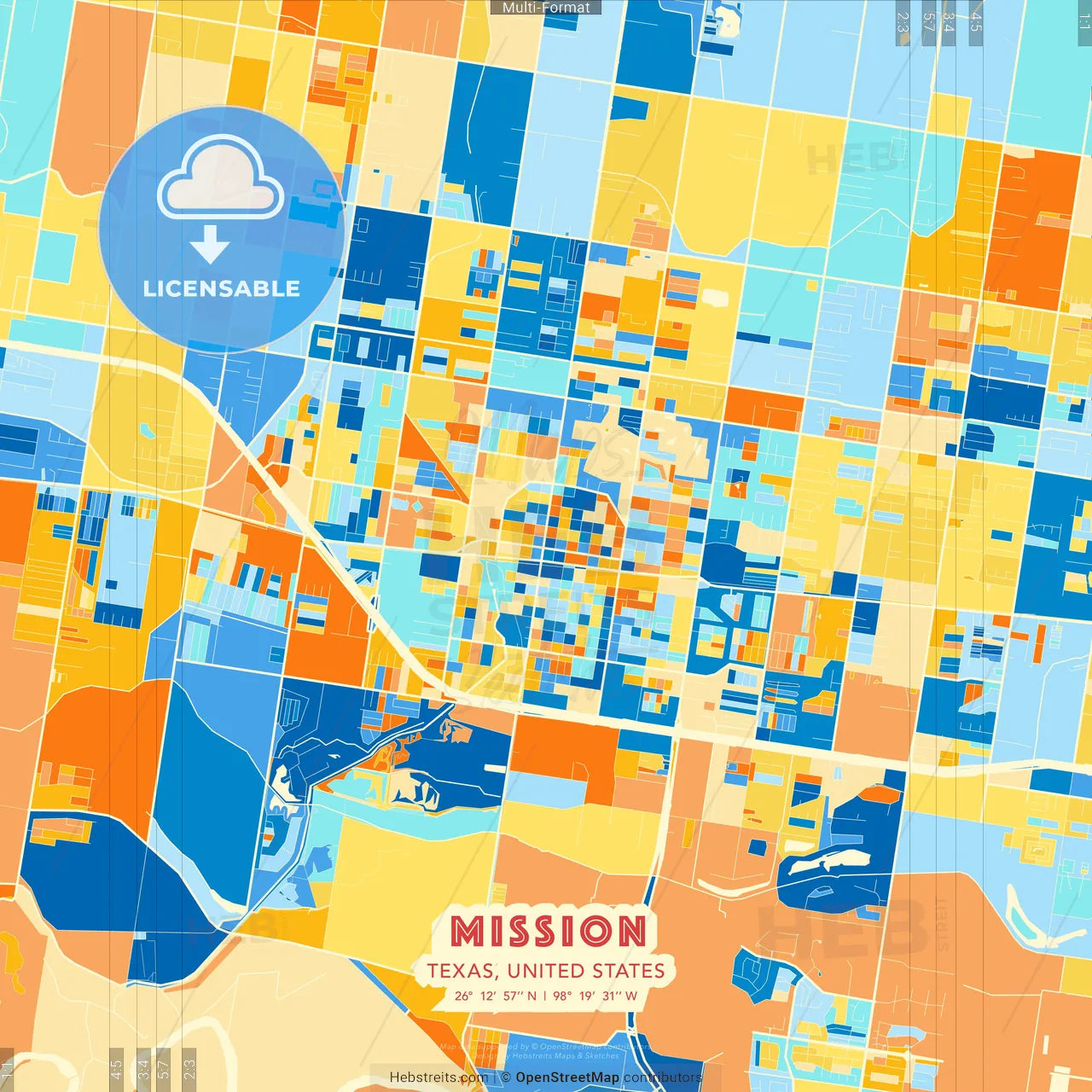Mission, Texas, United States blue and orange vector art map template