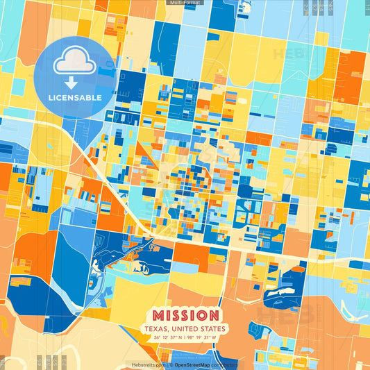 Mission, Texas, United States blue and orange vector art map template