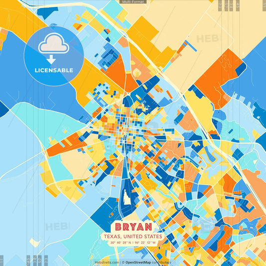 Bryan, Texas, United States blue and orange vector art map template