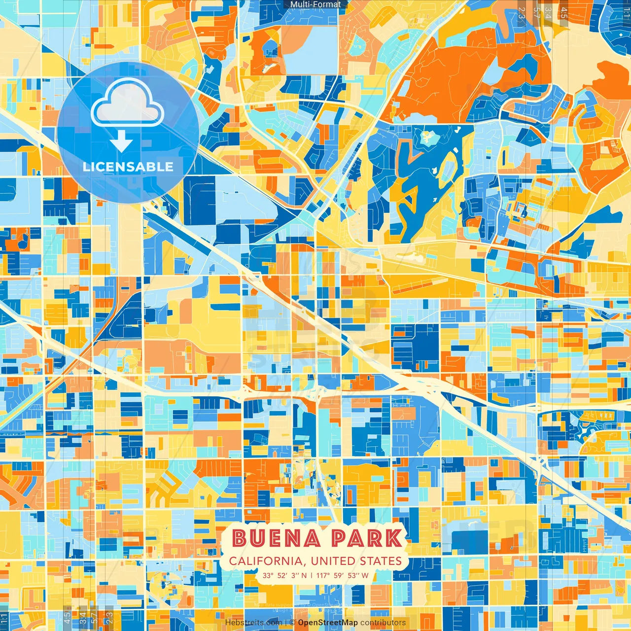 Buena Park, California, United States blue and orange vector art map template