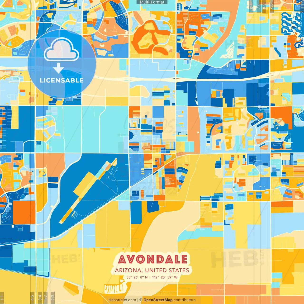 Avondale, Arizona, United States blue and orange vector art map template