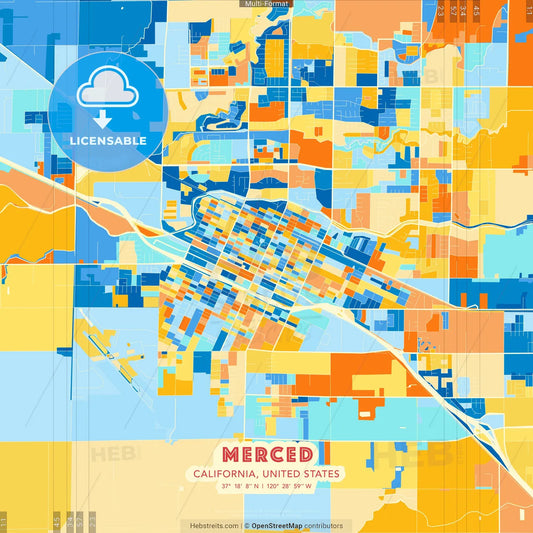 Merced, California, United States blue and orange vector art map template