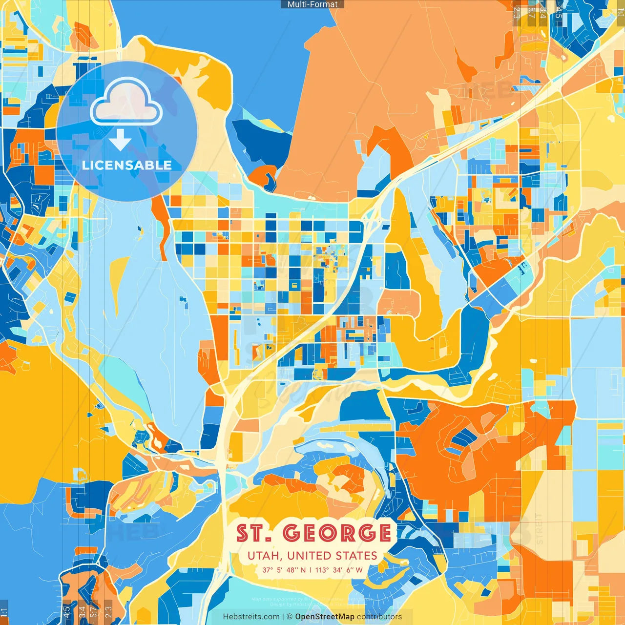 St. George, Utah, United States blue and orange vector art map template