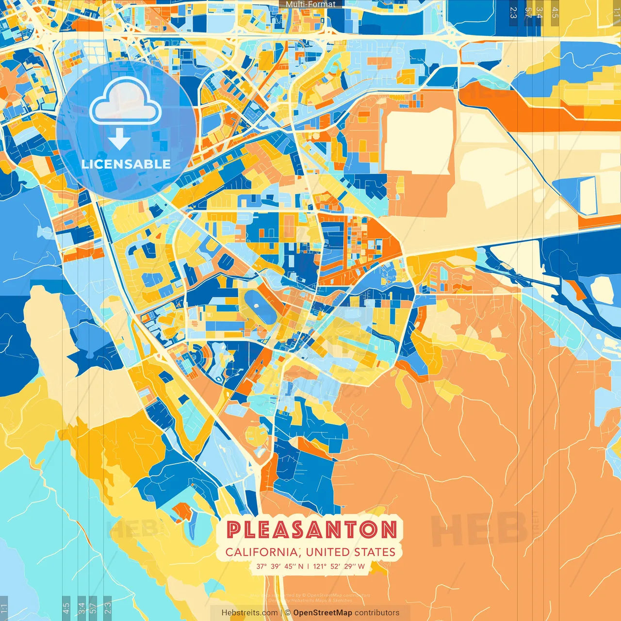 Pleasanton, California, United States blue and orange vector art map template