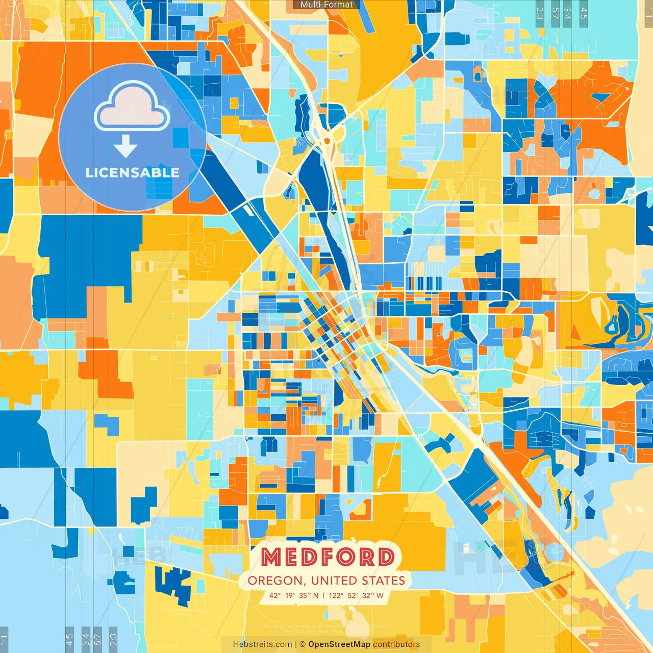 Medford, Oregon, United States blue and orange vector art map template