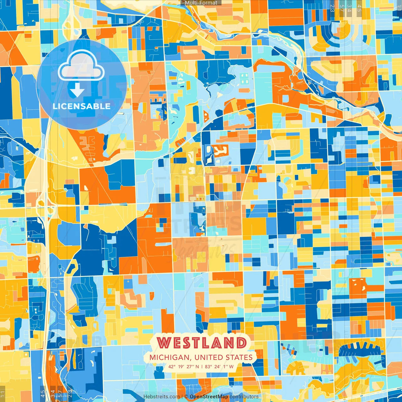 Westland, Michigan, United States blue and orange vector art map template