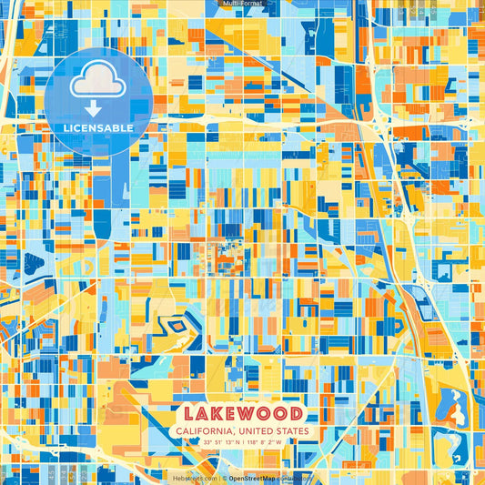 Lakewood, California, United States blue and orange vector art map template