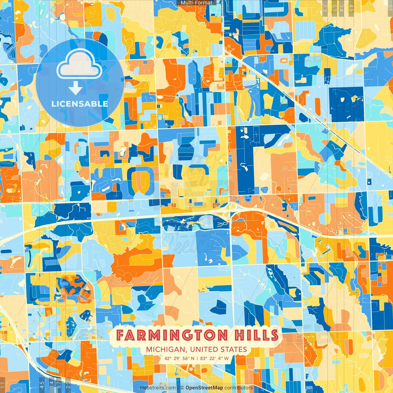 Farmington Hills, Michigan, United States blue and orange vector art map template