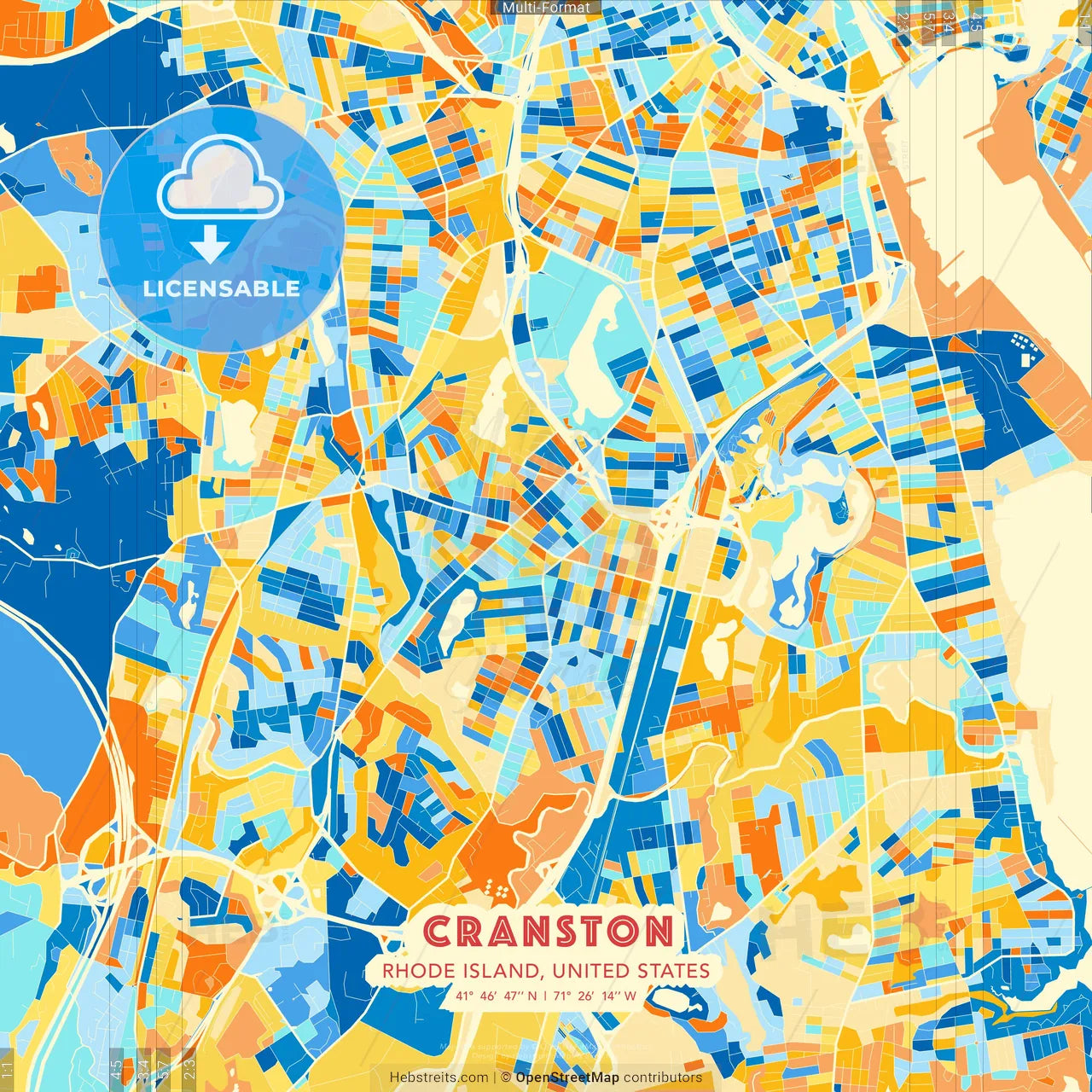 Cranston, Rhode Island, United States blue and orange vector art map template