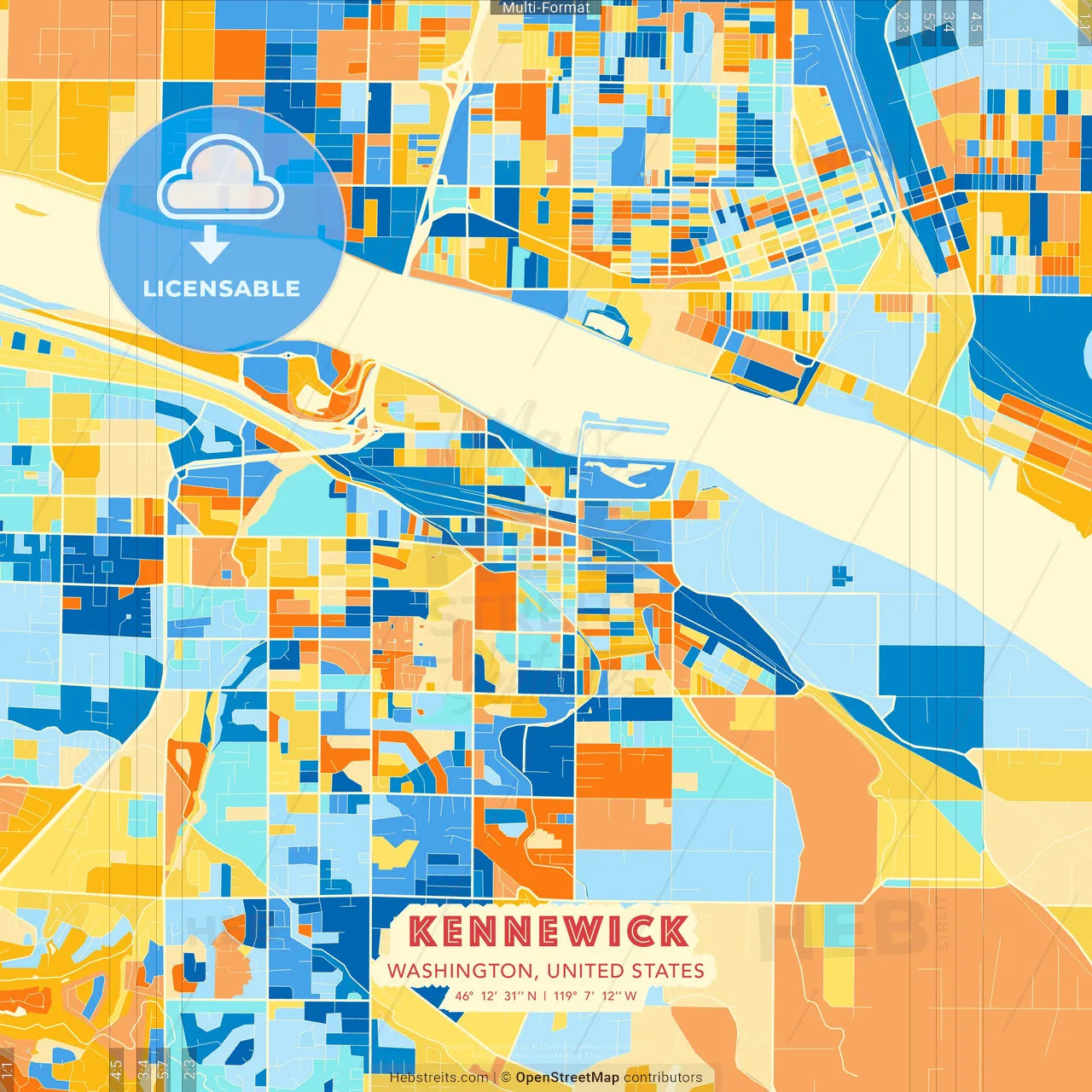 Kennewick, Washington, United States blue and orange vector art map template
