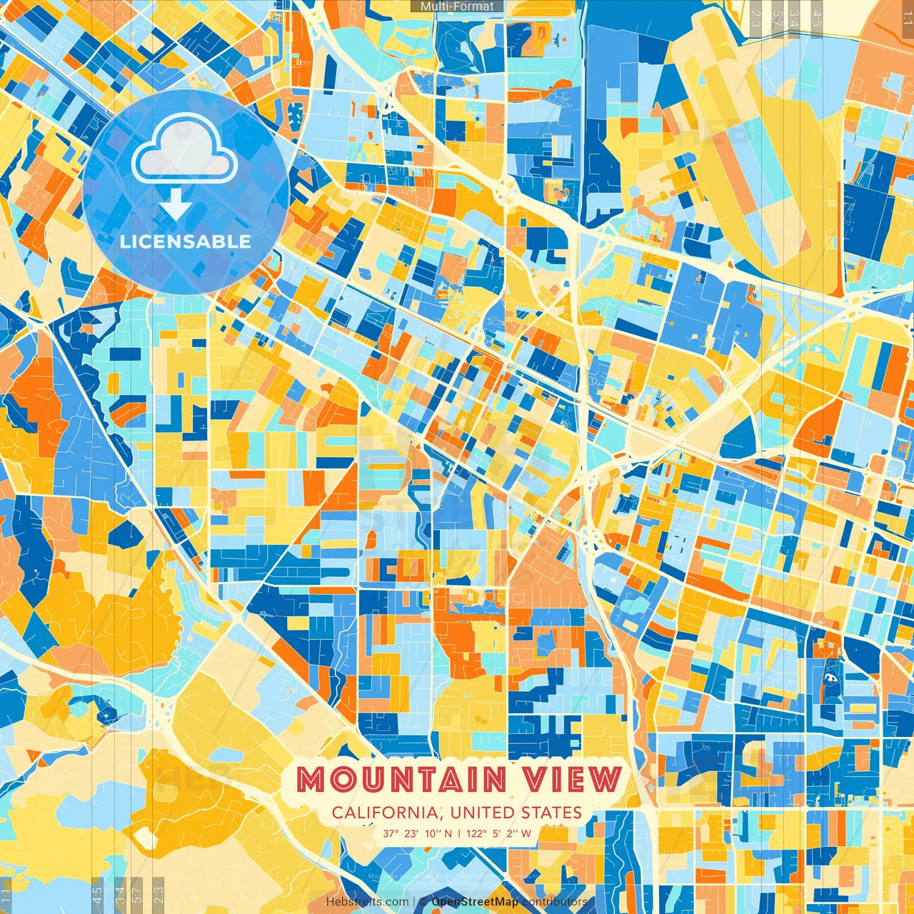 Mountain View, California, United States blue and orange vector art map template