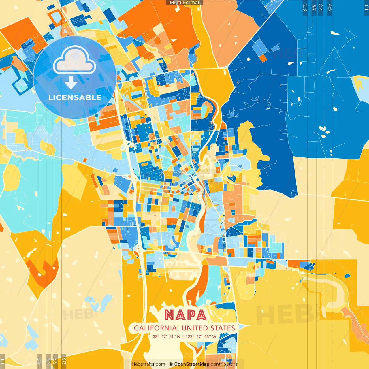 Napa, California, United States blue and orange vector art map template