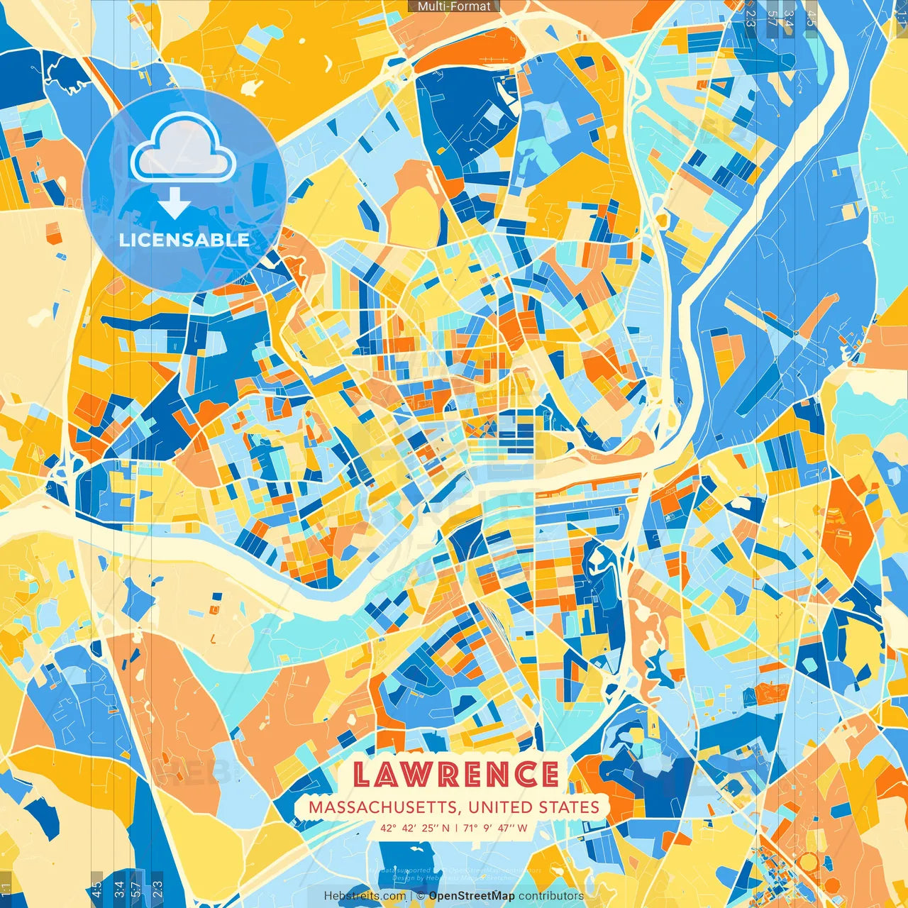 Lawrence, Massachusetts, United States blue and orange vector art map template