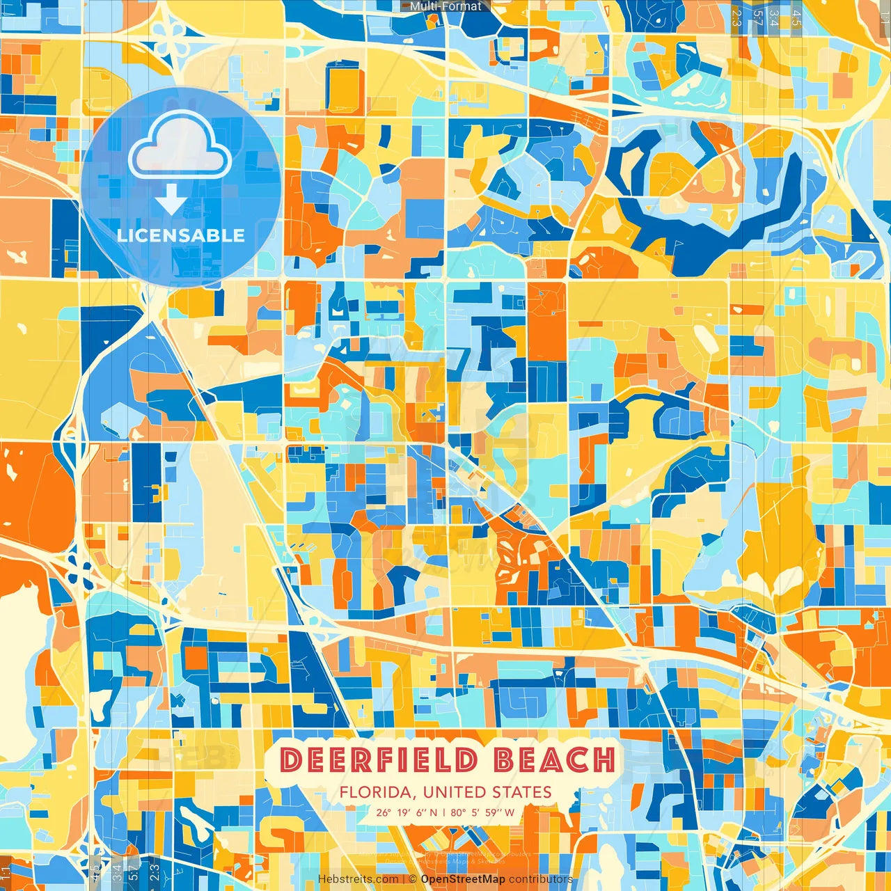 Deerfield Beach, Florida, United States blue and orange vector art map template