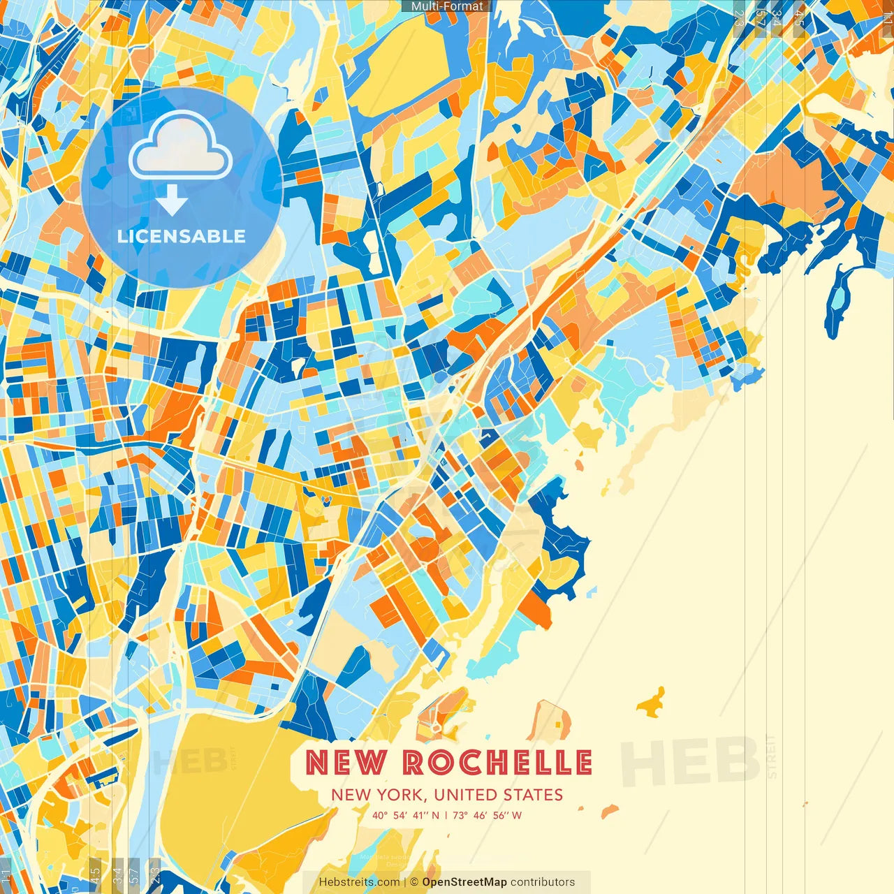 New Rochelle, New York, United States blue and orange vector art map template