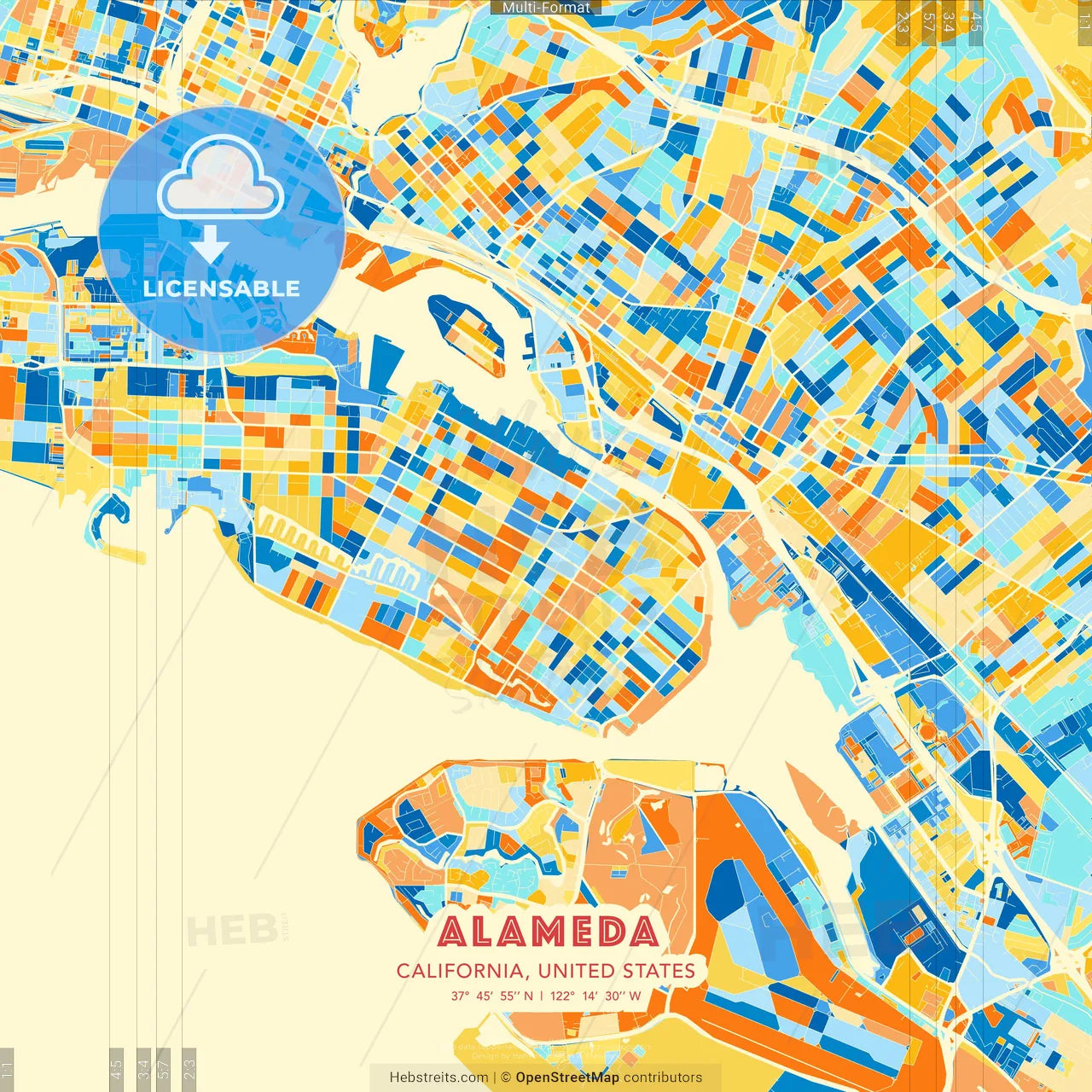 Alameda, California, United States blue and orange vector art map template