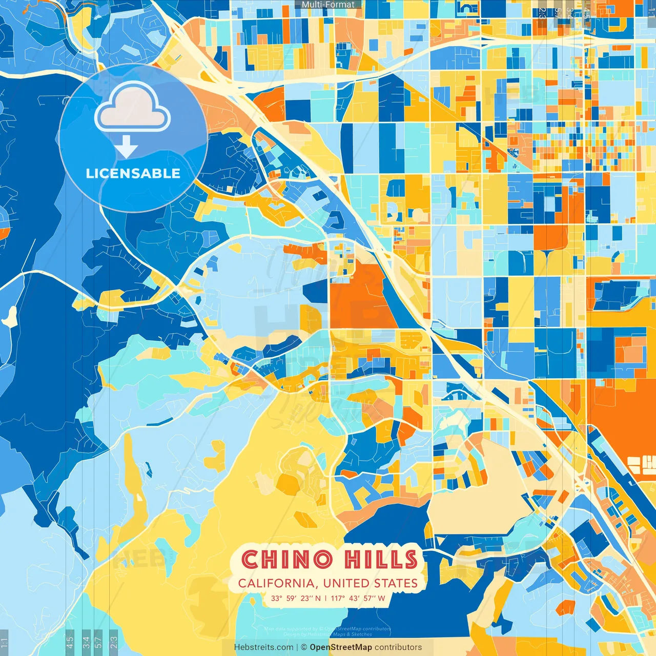 Chino Hills, California, United States blue and orange vector art map template